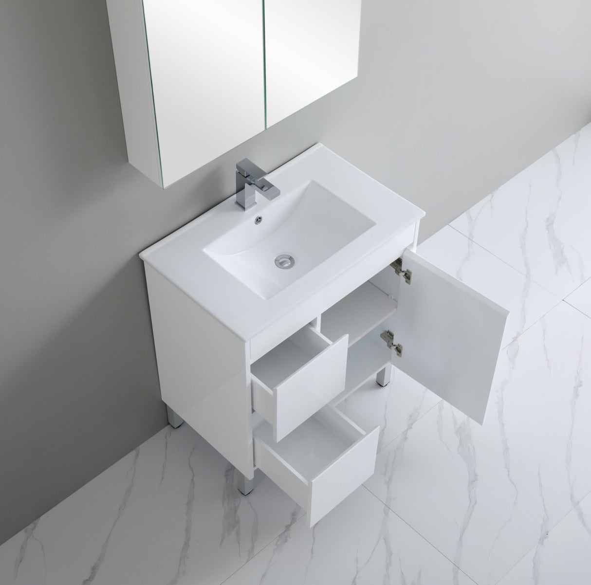 Bathroom vanity with sink and mirror in a modern bathroom setting