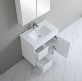 Bathroom vanity with sink and mirror in a modern bathroom setting