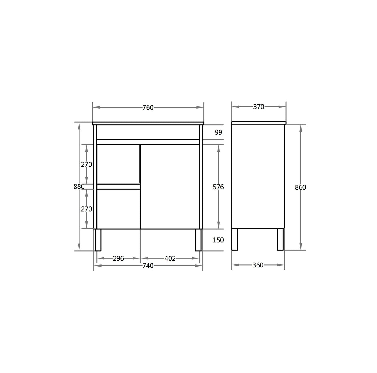 Technical drawing of a piece of furniture with dimensions labeled