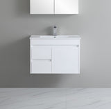 White bathroom vanity with sink against a gray wall
