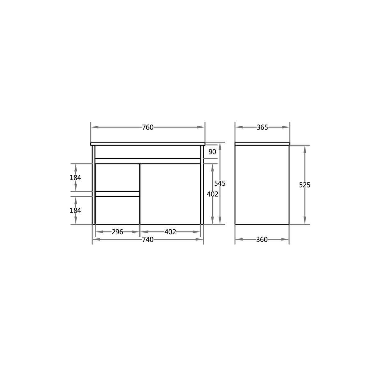 Technical drawing of a bathroom vanity with dimensions