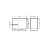 Technical drawing of a bathroom vanity with dimensions