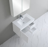 White bathroom vanity with sink and mirror in a modern setting