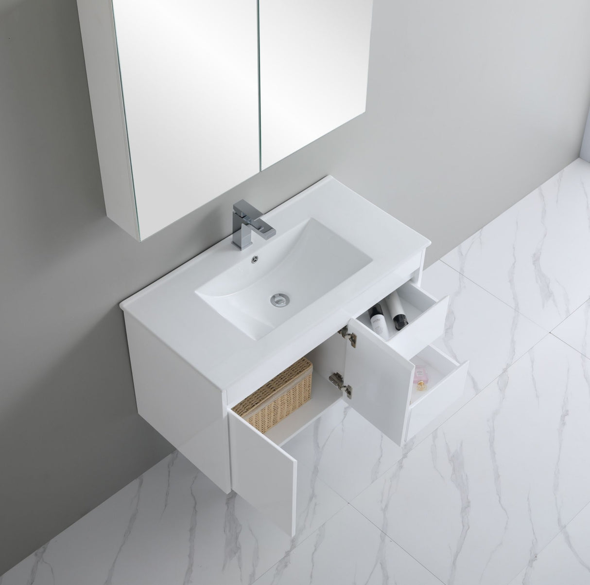 Bathroom vanity with sink and mirror in a modern bathroom setting