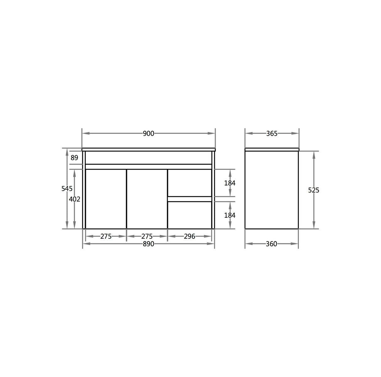 Technical drawing of a piece of furniture with dimensions