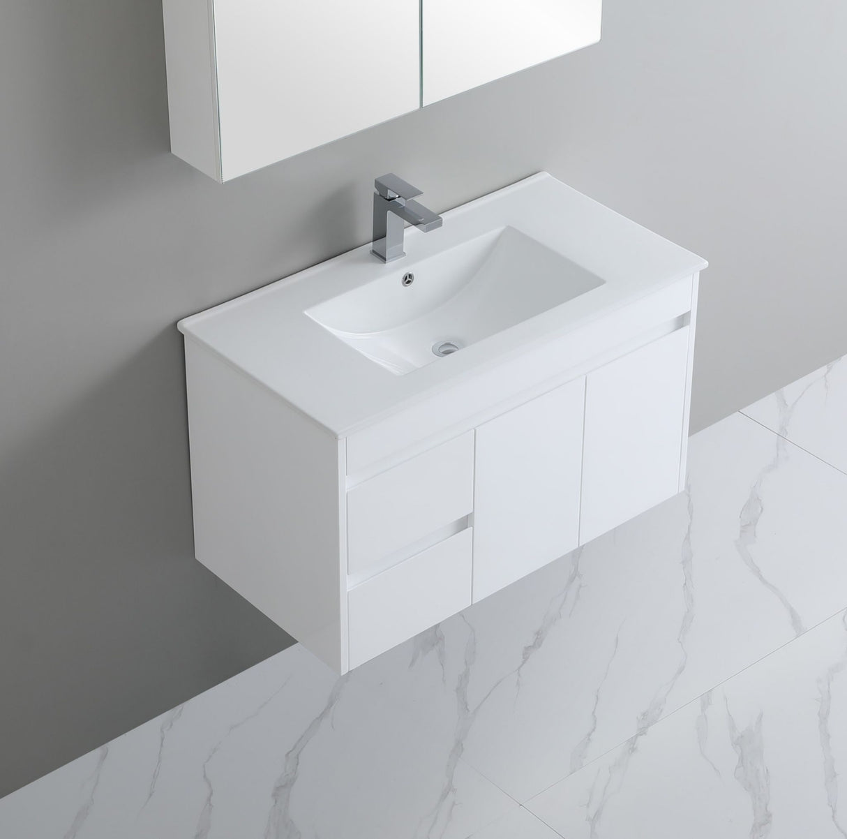 White bathroom vanity with sink and mirror in a modern setting