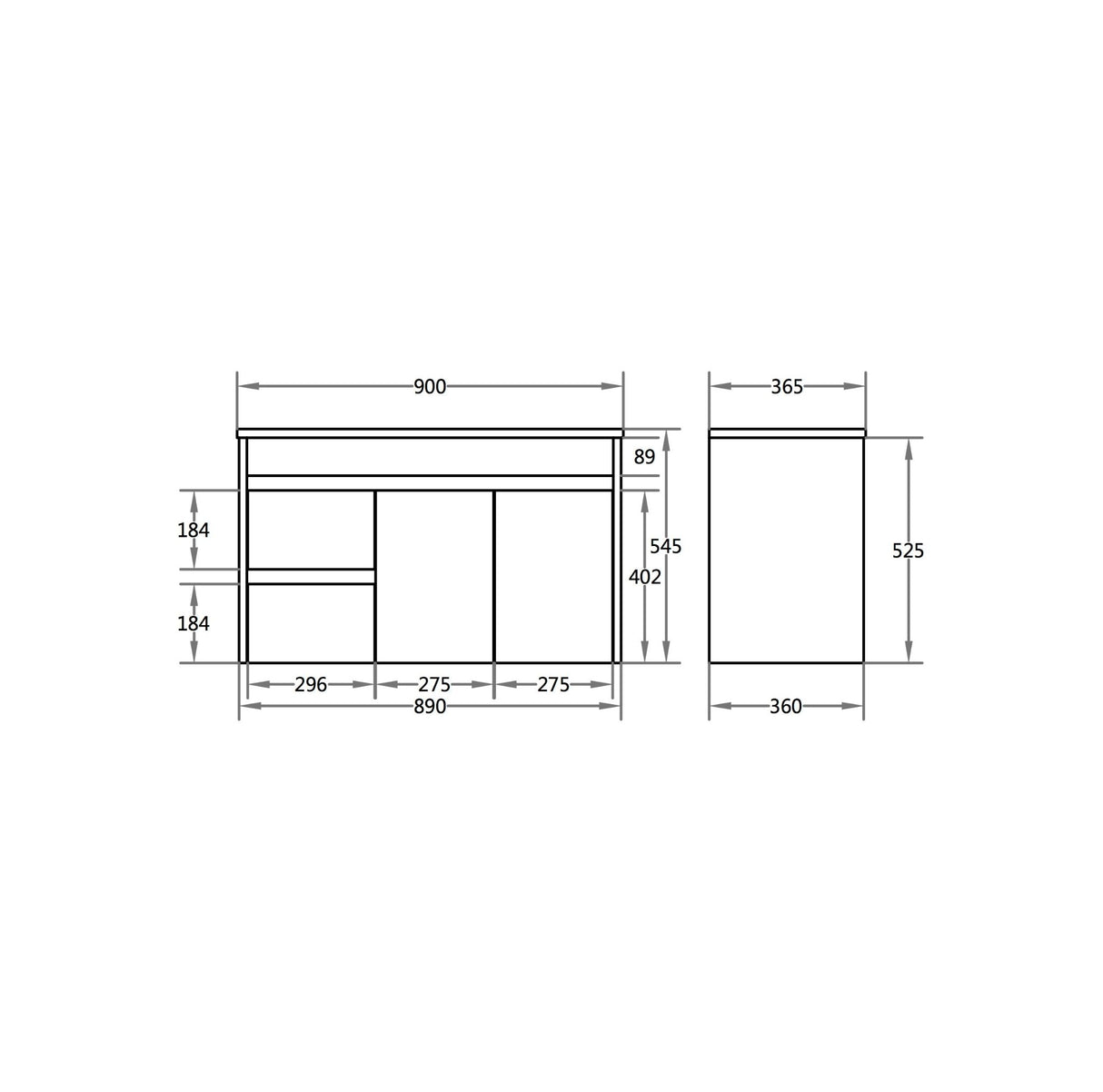 Technical drawing of a bathroom vanity with dimensions