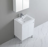 White bathroom vanity with sink against a gray wall