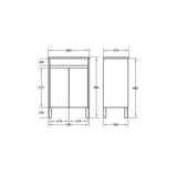 Technical drawing of a cabinet with dimensions labeled