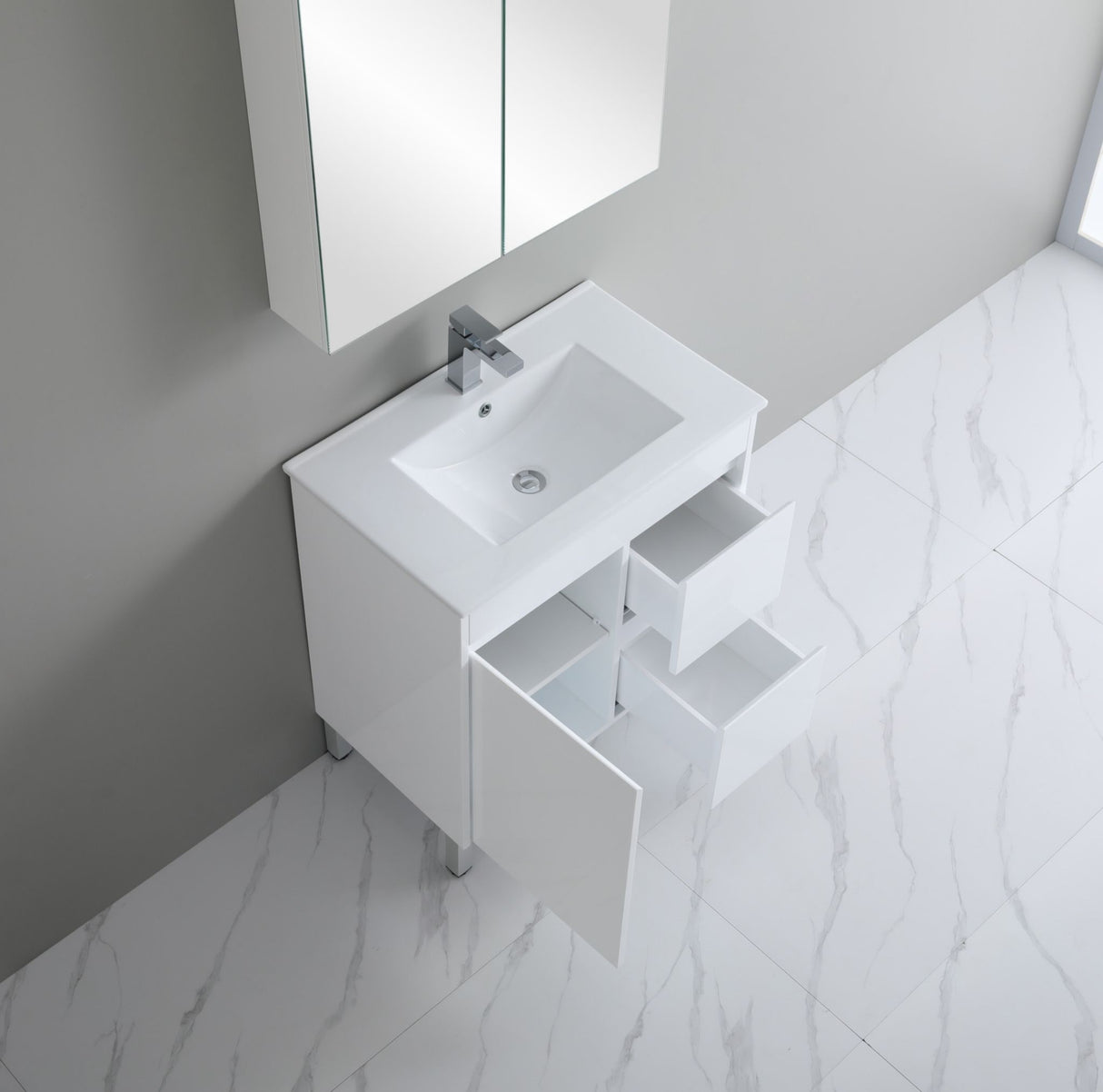 Bathroom vanity with sink and mirror in a modern bathroom setting
