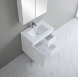 Bathroom vanity with sink and mirror in a modern bathroom setting