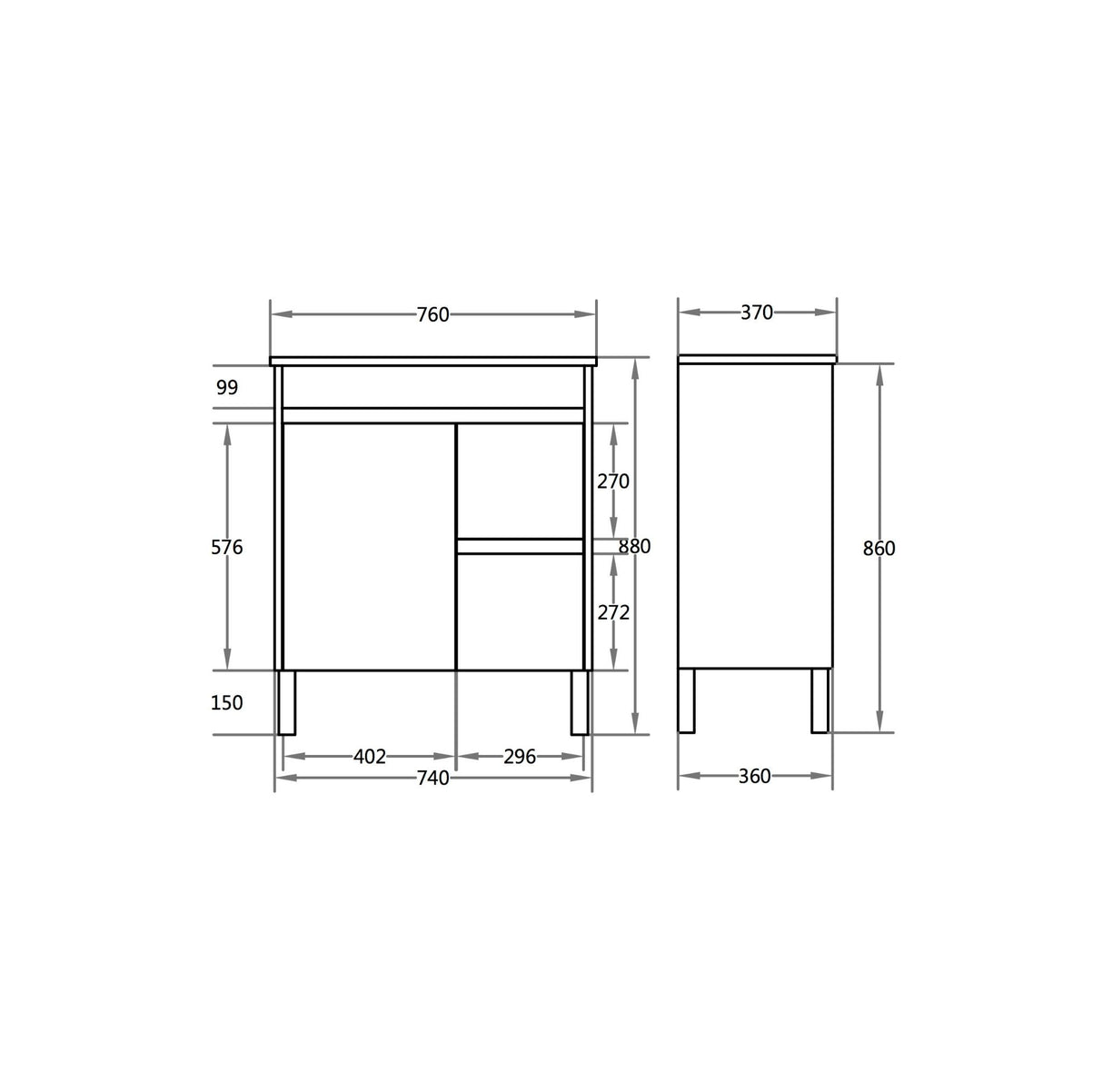 Technical drawing of a cabinet with dimensions labeled
