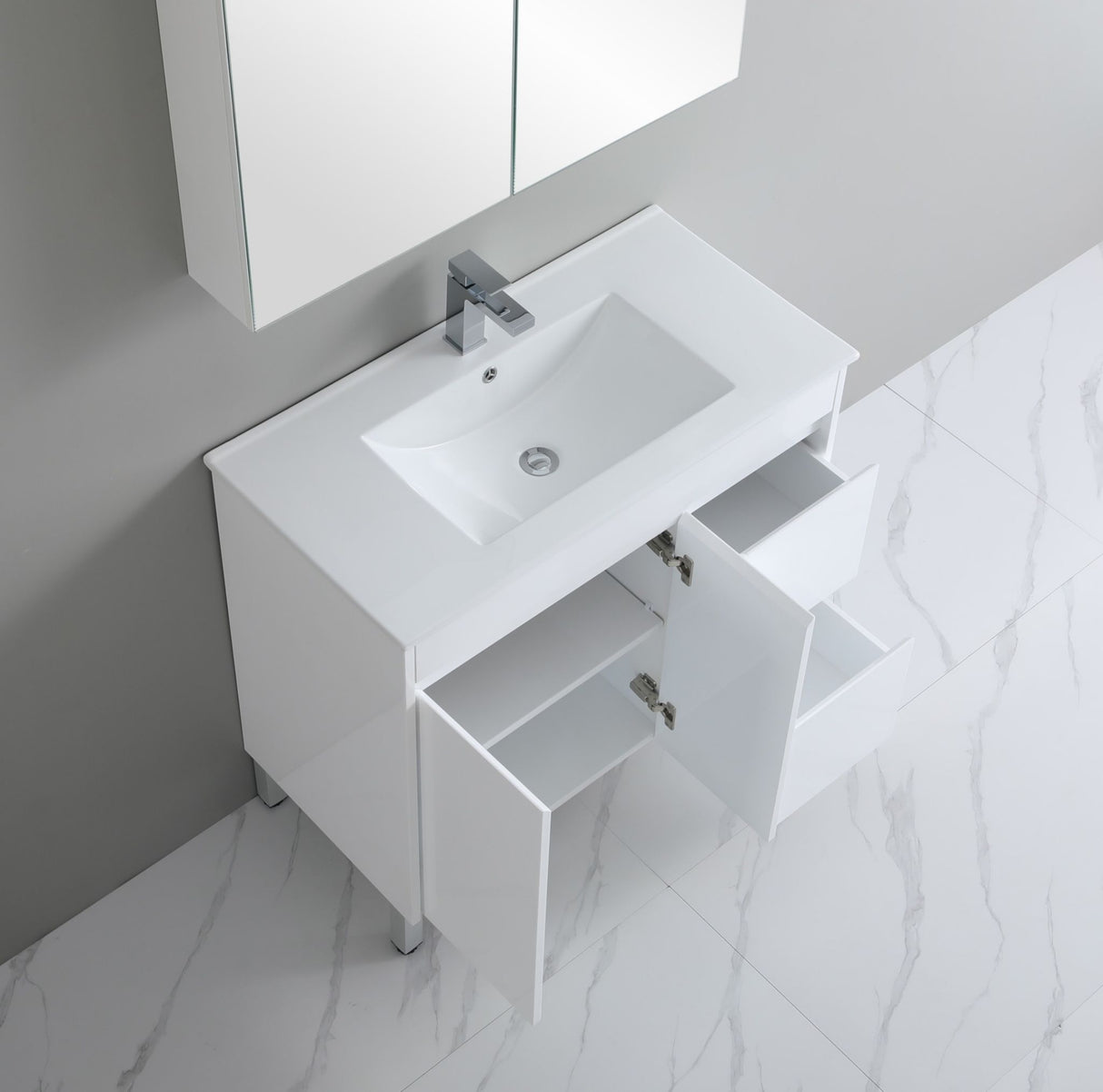 Bathroom vanity with sink and mirror in a modern bathroom setting