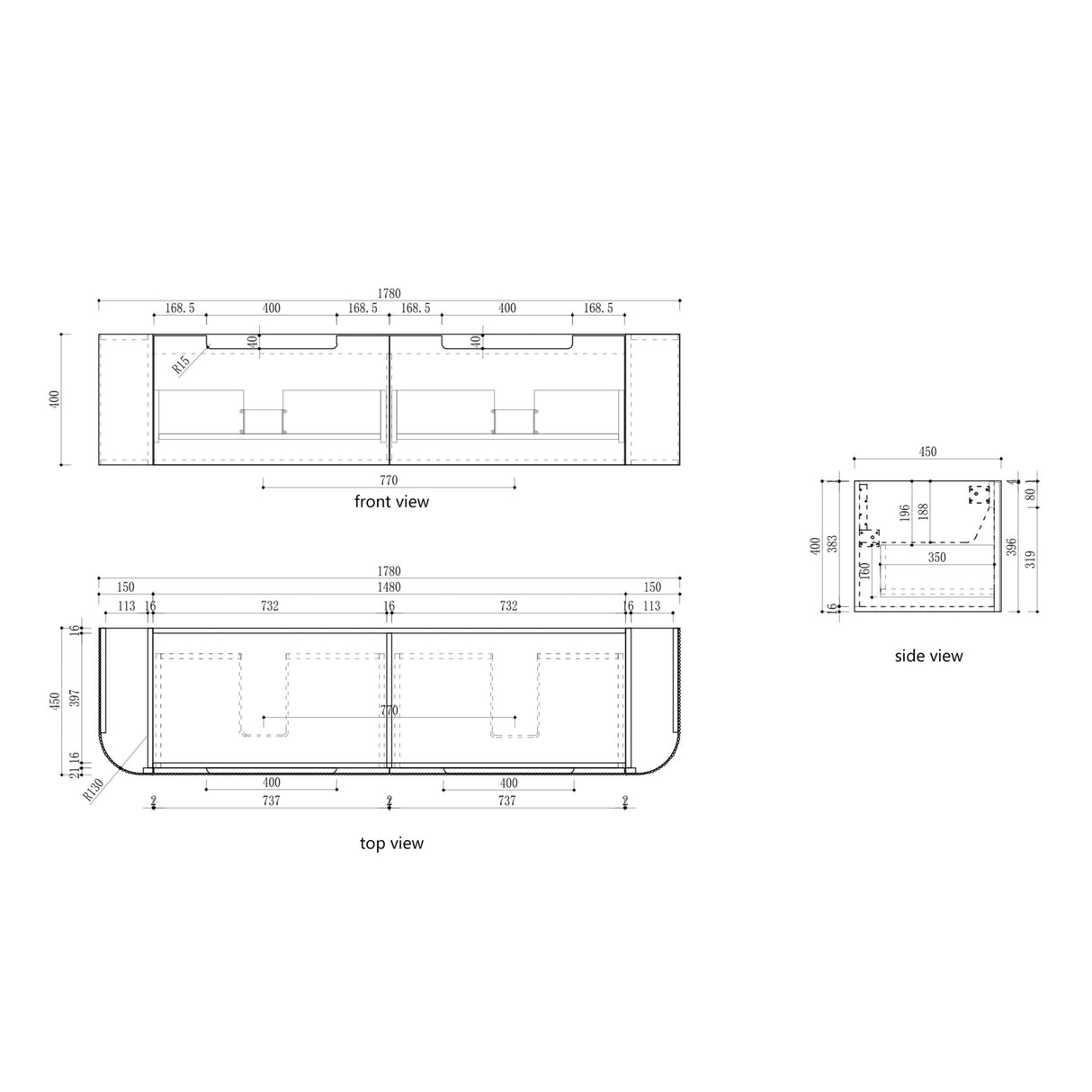 Technical drawings of a kitchen layout with dimensions