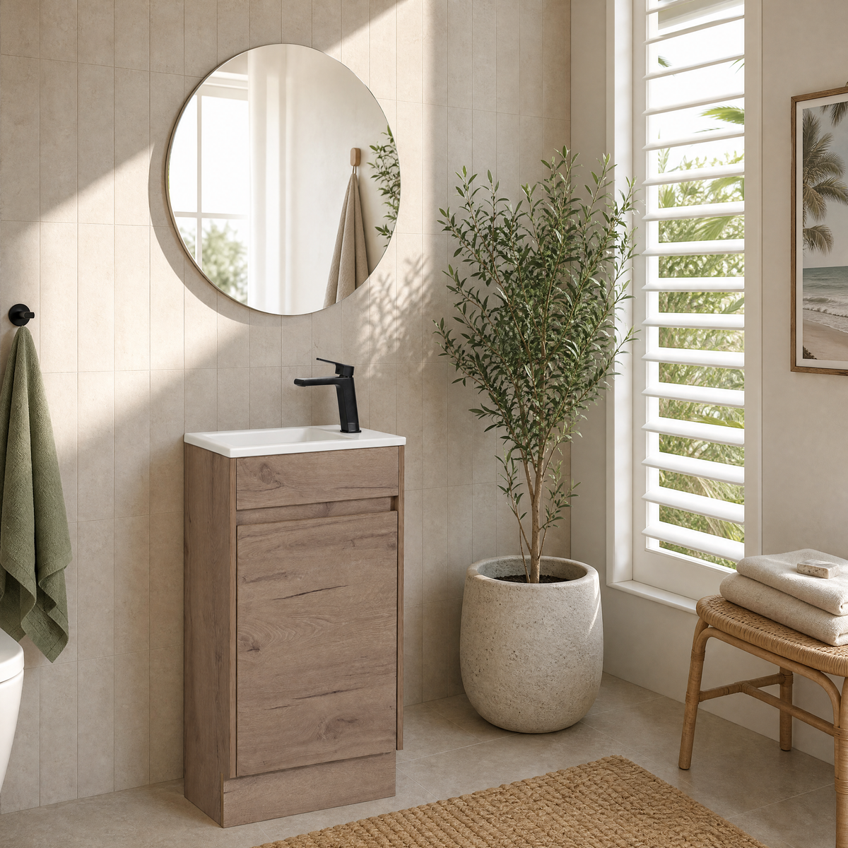 A modern bathroom vanity with a light oak wood cabinet, white sink basin, and matte black faucet, styled in a bright bathroom with a round mirror, potted plant, and window shutters.