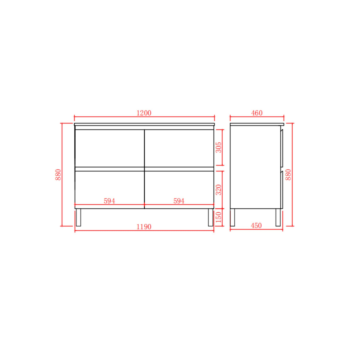 Drawing of vanity with dimension label