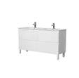 White bathroom vanity with two sinks on a white background