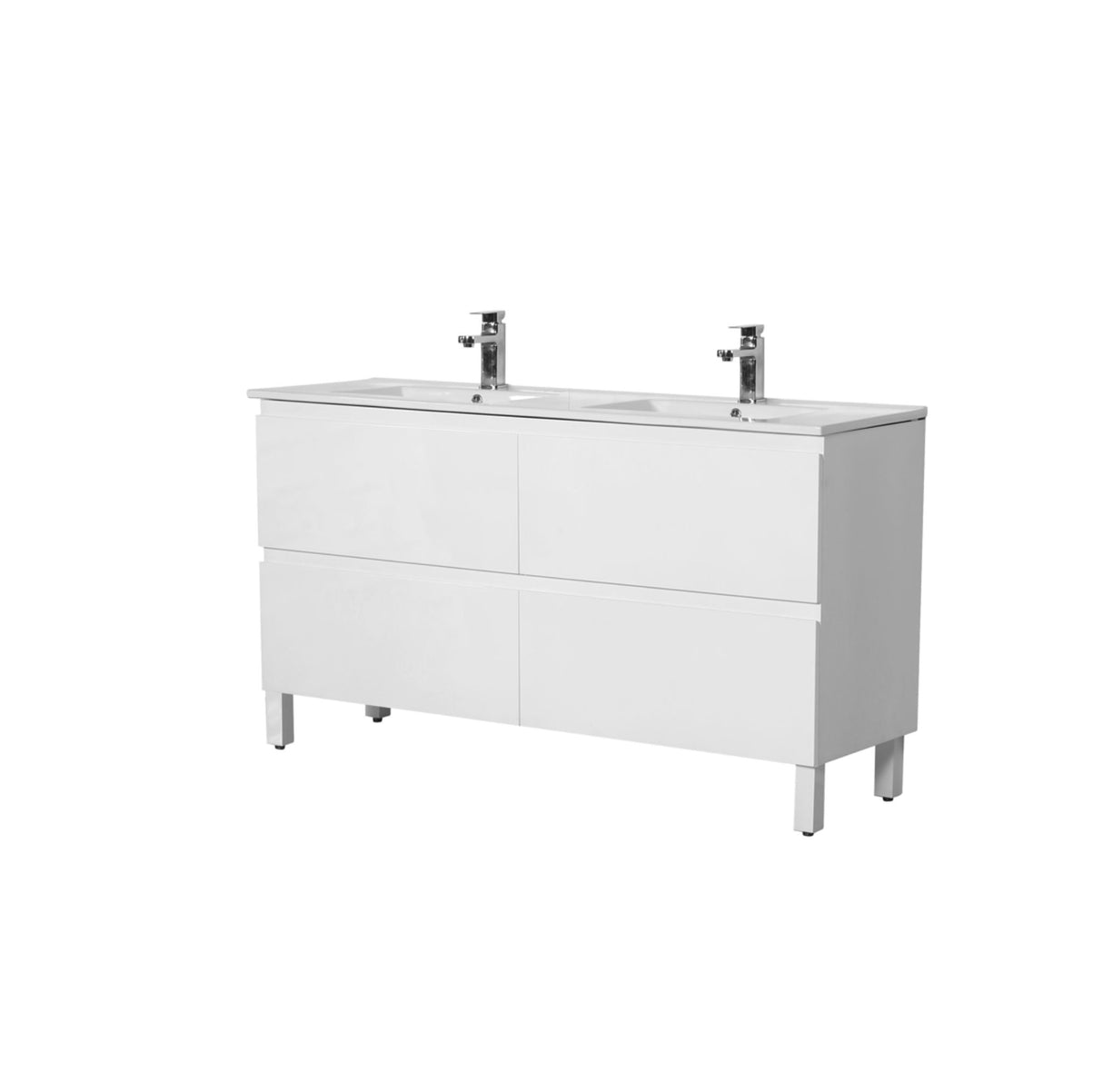 White bathroom vanity with two sinks on a white background