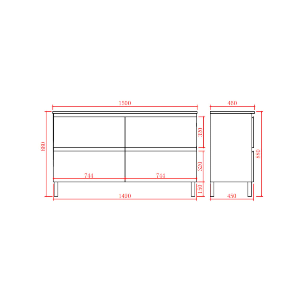 Technical drawing of a vanity with dimensions labeled