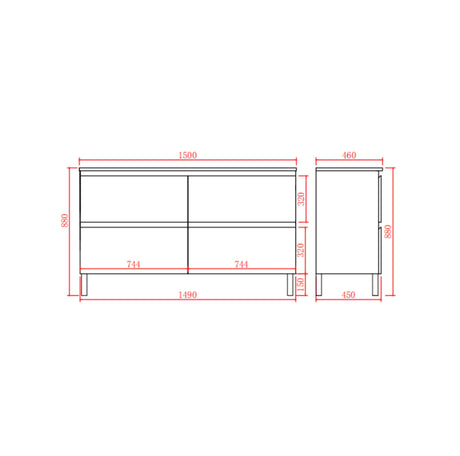 Technical drawing of a vanity with dimensions labeled