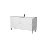 White bathroom vanity with sink on a white background