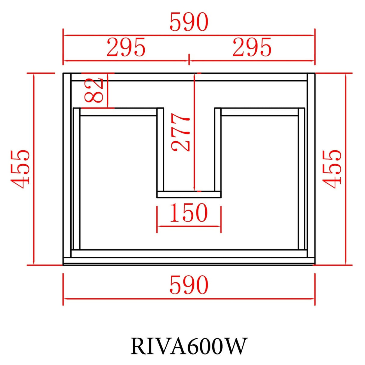 Measurement chart of a vanity with dimensions labeled, featuring the model number RIVA600W.