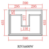 Measurement chart of a vanity with dimensions labeled, featuring the model number RIVA600W.