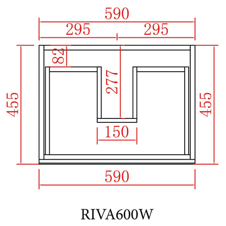 Measurement chart of a vanity with dimensions labeled, featuring the model number RIVA600W.
