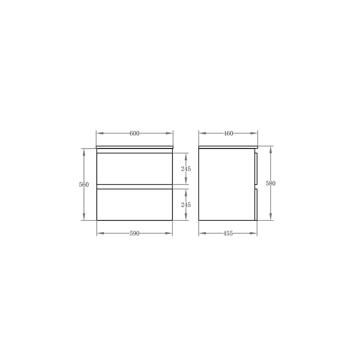 Technical drawing of a bathroom vanity with dimensions