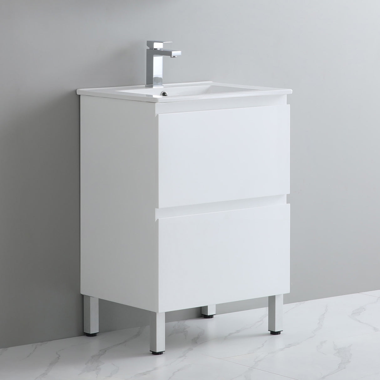 White bathroom vanity with sink on a gray background