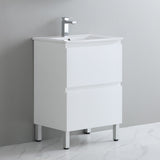 White bathroom vanity with sink on a gray background