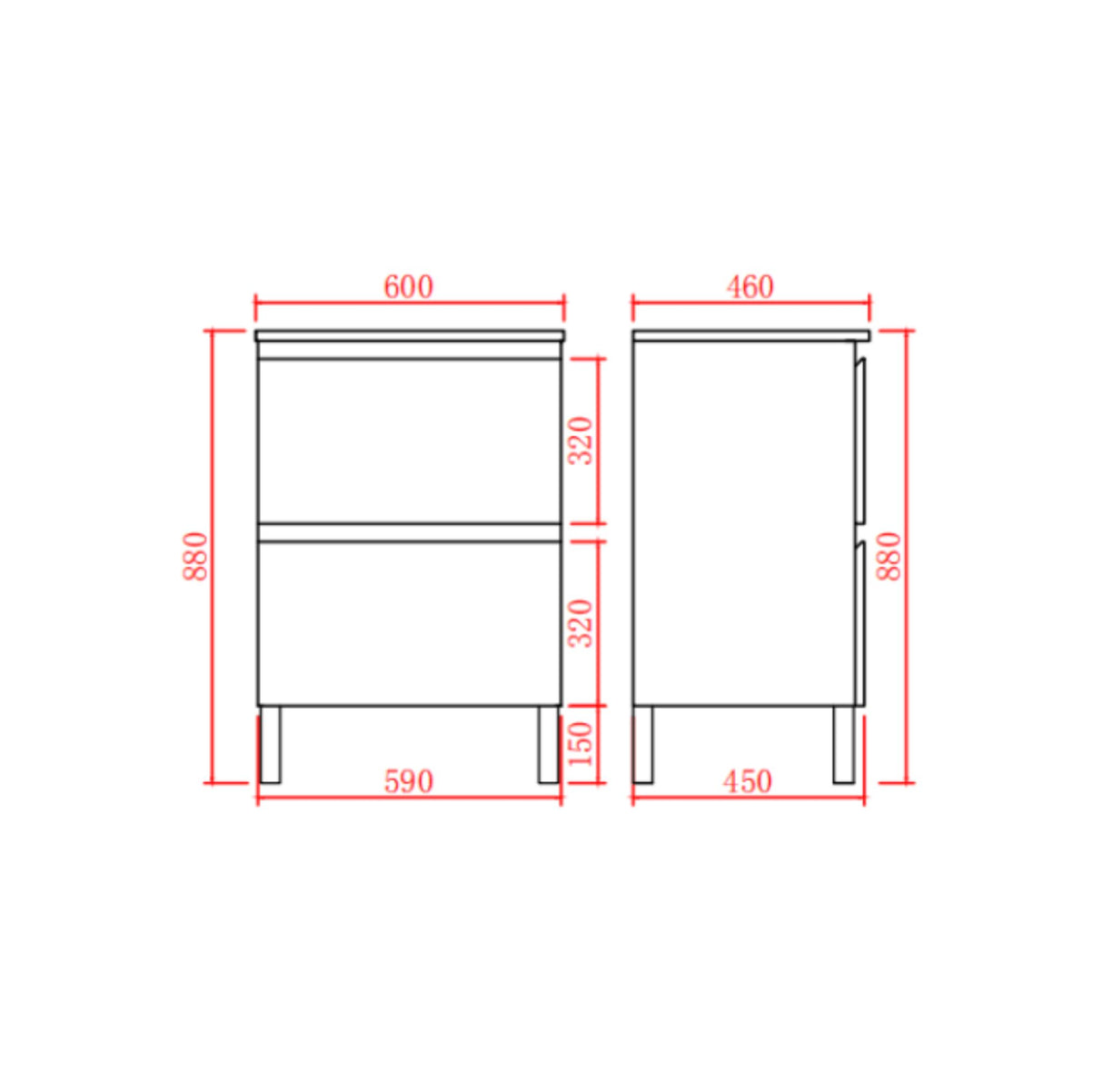 Technical drawing of a vanity with dimensions labeled