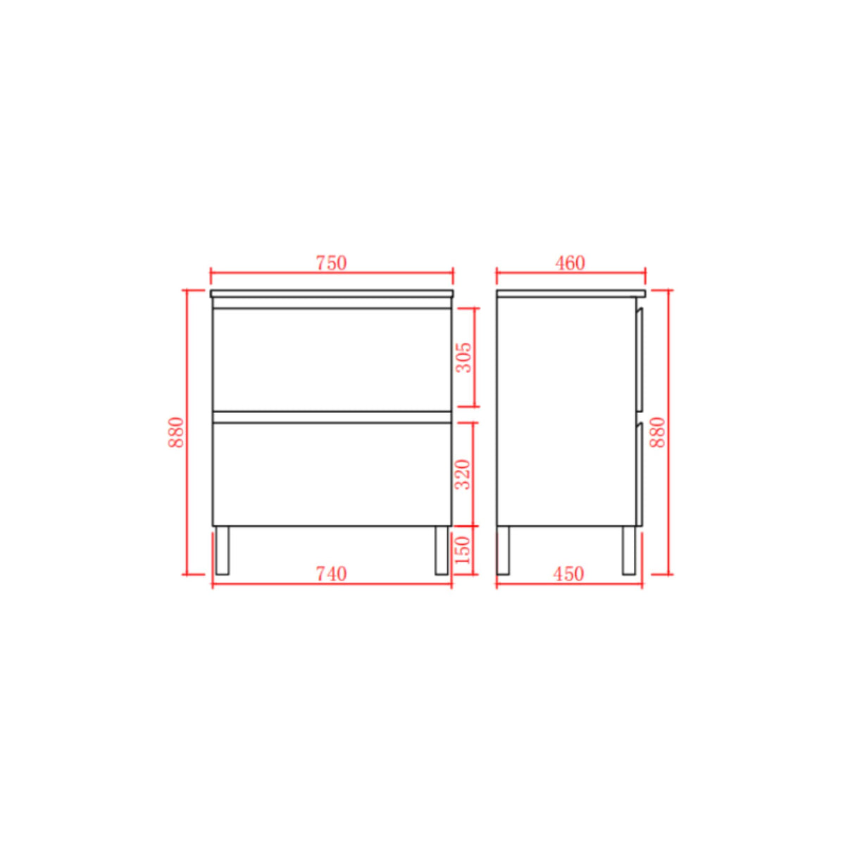 Technical drawing of vanity with dimensions labeled