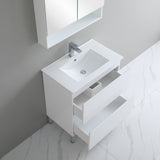 Bathroom vanity with sink and mirror in a modern bathroom setting