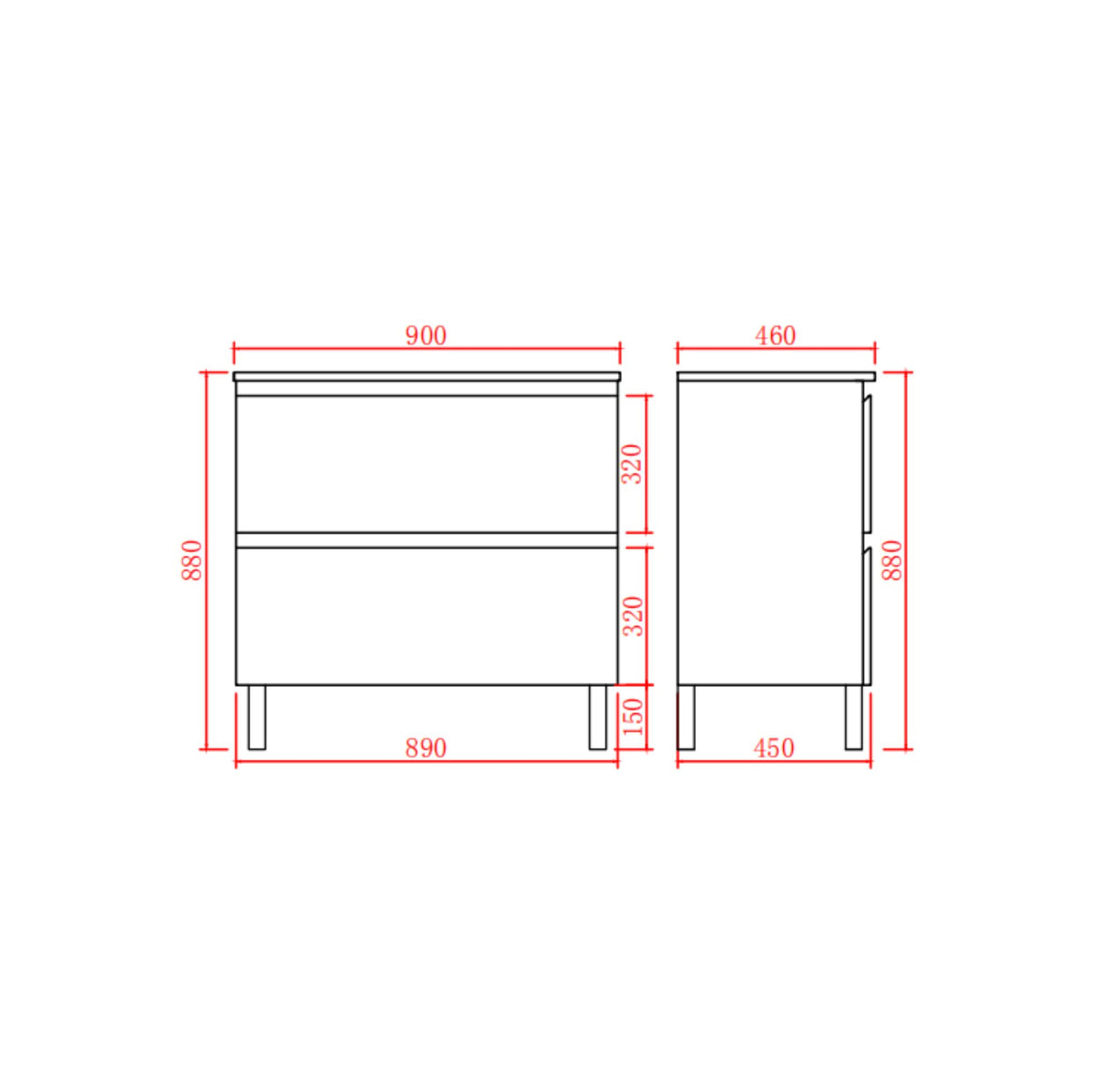 Technical drawing of a vanity with dimensions labeled