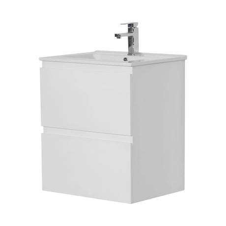 White bathroom vanity with sink and faucet on a white background