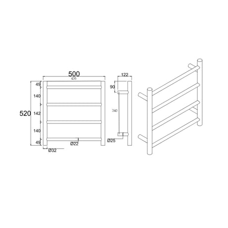 Round Electric Heated Towel Rack 4 Bars - Chrome