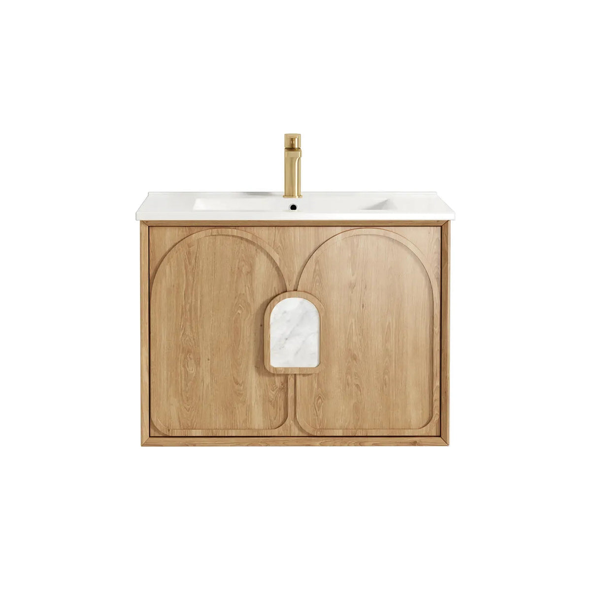 Laguna Wall Hung Vanity 750mm - Natural Oak with gold faucet