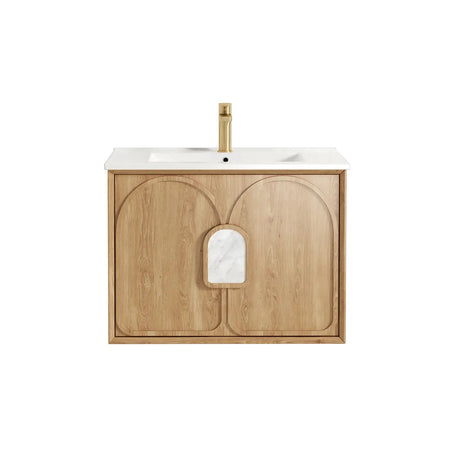 Laguna Wall Hung Vanity 750mm - Natural Oak with gold faucet