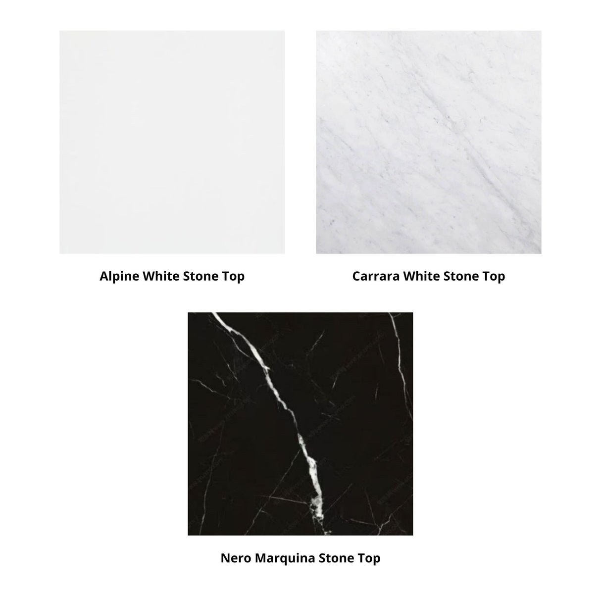 Stone top, featuring: Alpine White, Carrara White, and Nero Marquina stone tops.