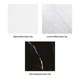 Stone top, featuring: Alpine White, Carrara White, and Nero Marquina stone tops.