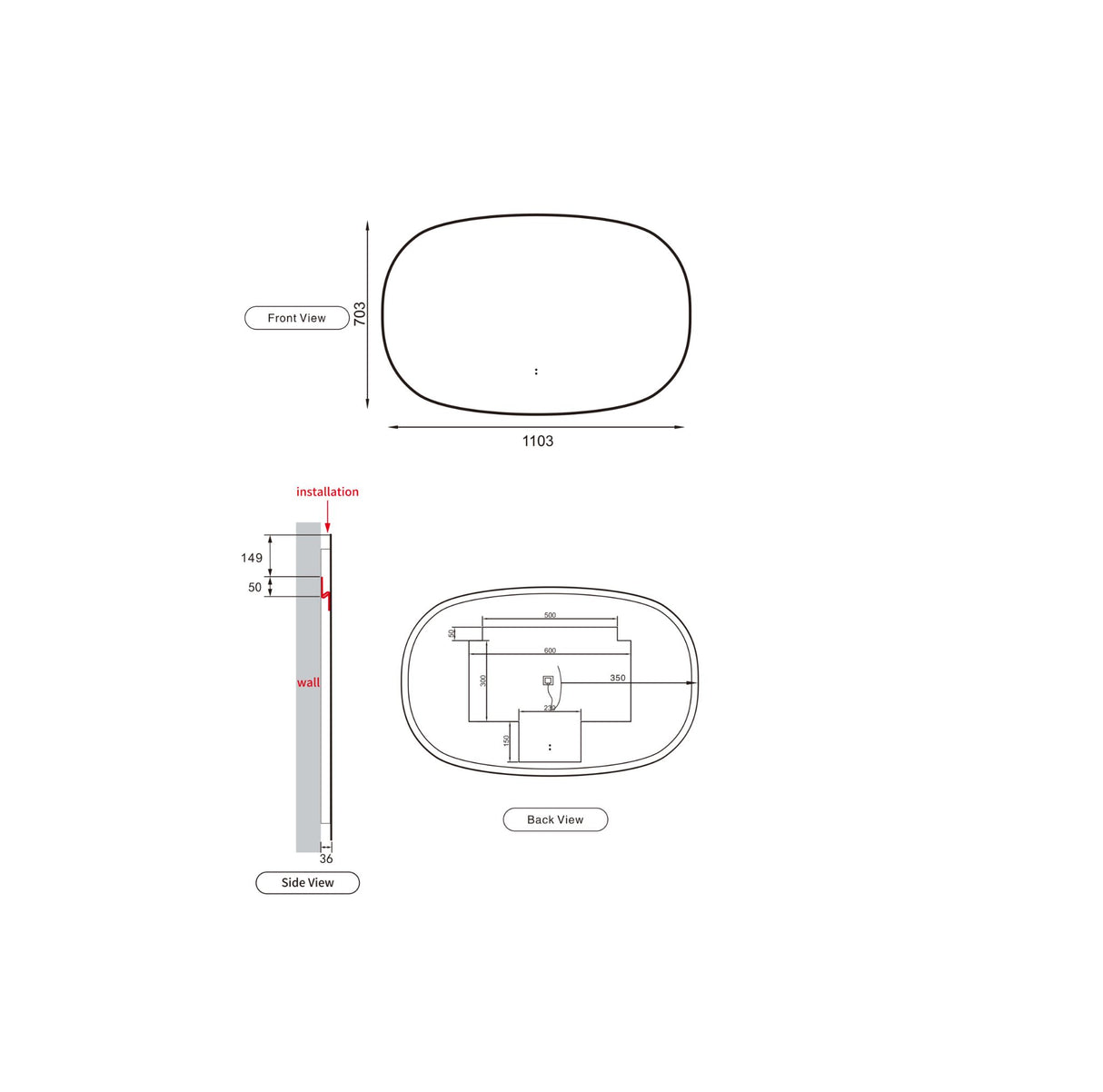 Valmont 1100mm Horizontal LED Mirror - Framed Drawing