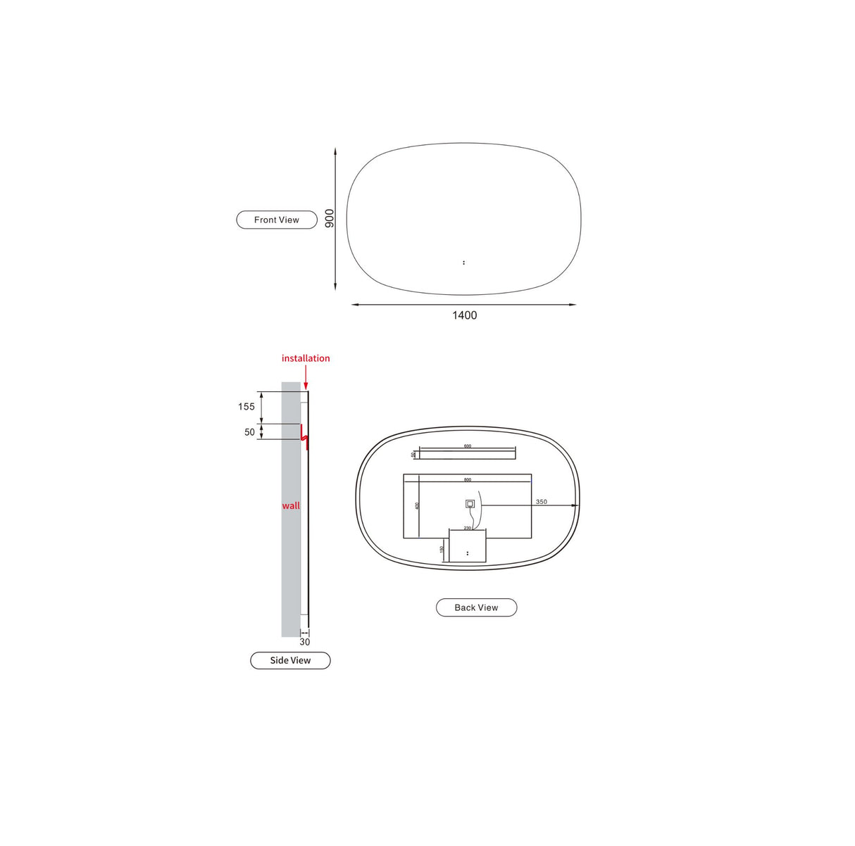 Valmont 1400mm Horizontal LED Mirror - Frameless drawing