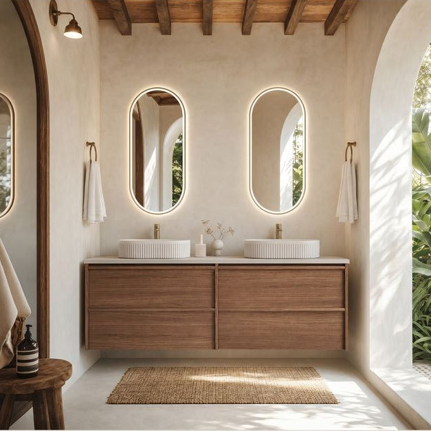 Modern bathroom with framed bath vanity
