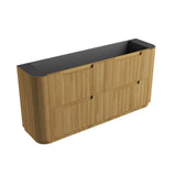 Wooden sideboard with black top on a white background