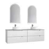 Bathroom vanity with two mirrors and two sinks on a white background
