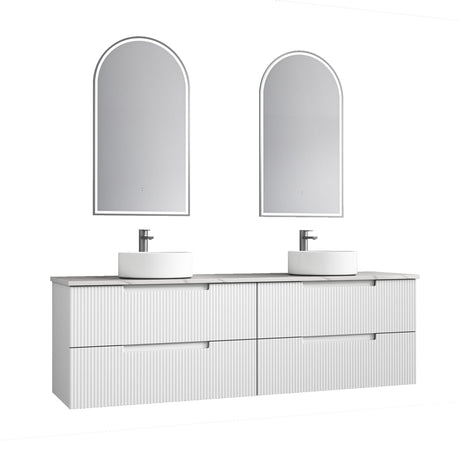 Bathroom vanity with two mirrors and two sinks on a white background