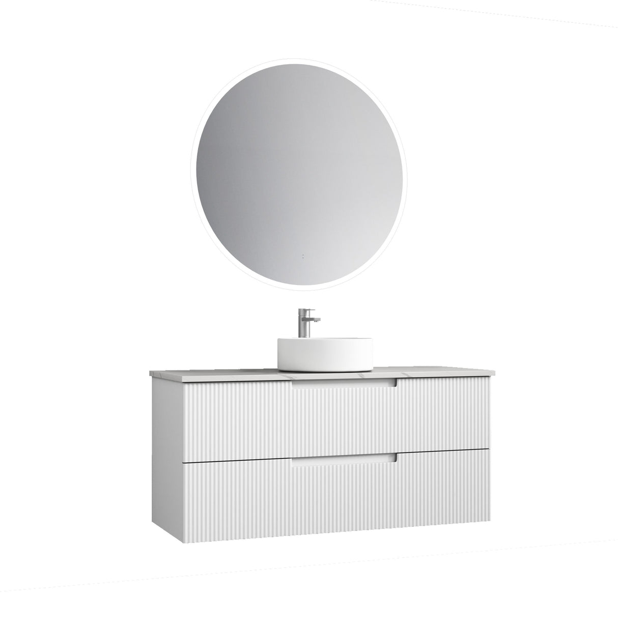 Bathroom vanity with round mirror and sink on a white background