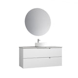 Bathroom vanity with round mirror and sink on a white background