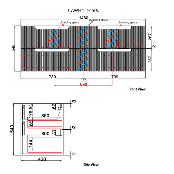 Technical drawing of a product with dimensions and views labeled
